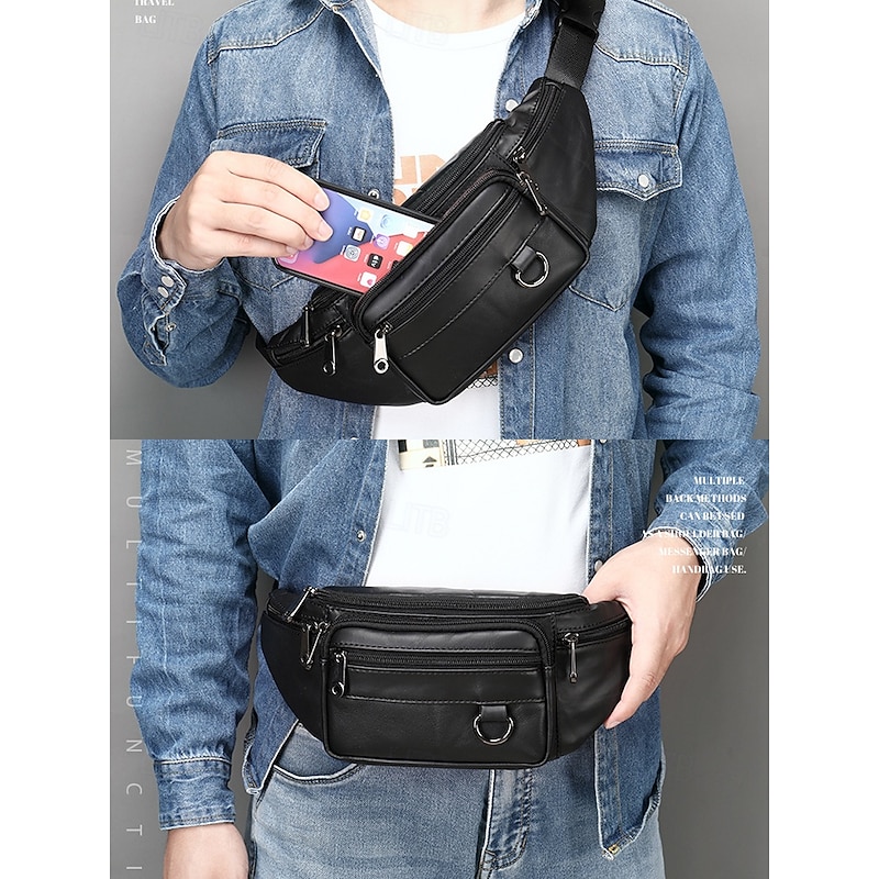 Men's Vintage Leather Sling Bag Fanny pack– Crossbody Chest Pack with Multiple Zipper Pockets, Adjustable Strap, Stylish Travel & Everyday Waist Bag Black Brown4