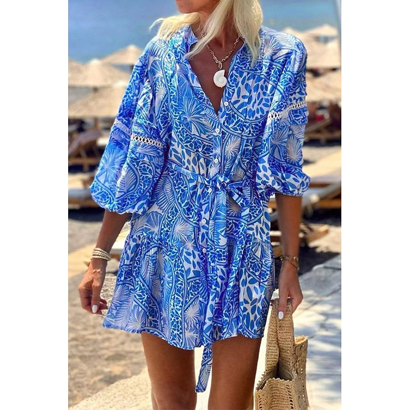 Women's Mini Dress Petite Dress Print Dress Fashion Daily Holiday Date Regular Fit Flower 3/4 Length Sleeve V Neck Blue Summer