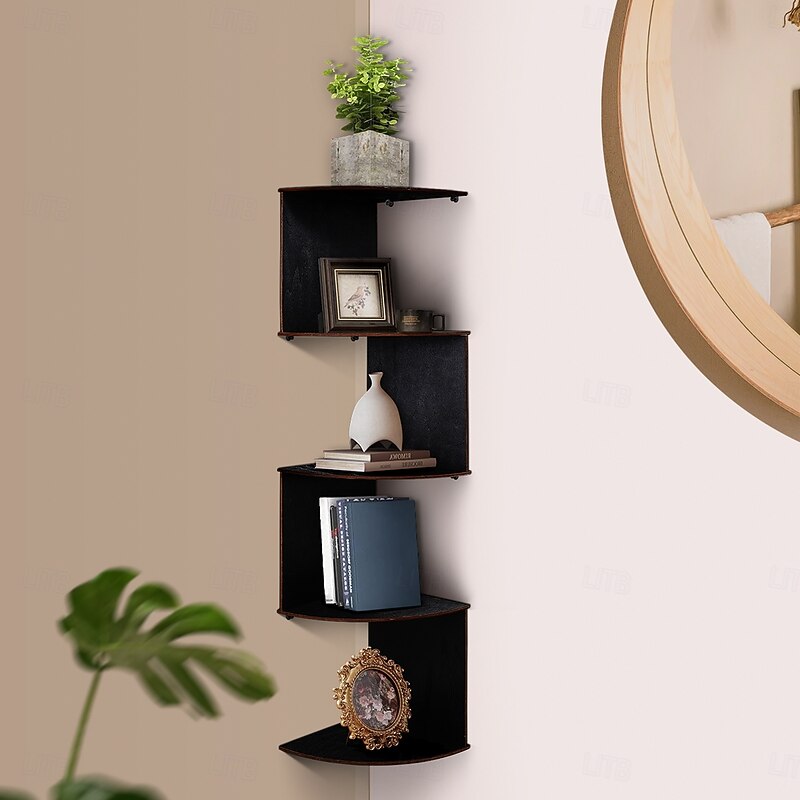 Wall-Mounted Triangle Corner Shelf – 5-Tier Semi-Circular Wooden Storage Rack for Books and Decor