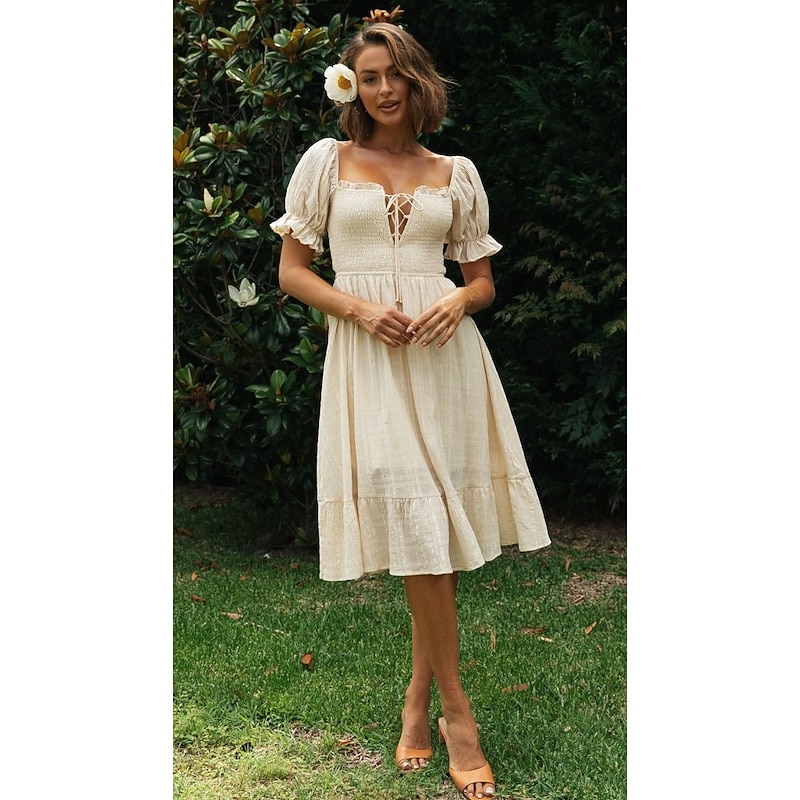 Retro Vintage Medieval Renaissance Midi Dress Flare Dress Regency Inspired Solid Color Fancy Dress Women's Fantasy Masquerade Wedding Vacation Casual Daily Adults' Dress Spring & Summer - Main Image