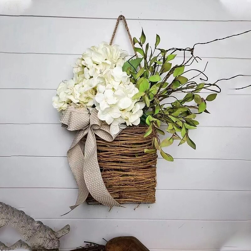Cream Hydrangea Door Hanger Basket Wreath Spring Wreath Floral Artificial Hydrangea and Vine Basket Door Hanging Decoration with Rustic Twigs for Front Door, Porch, Living Room, Cafe