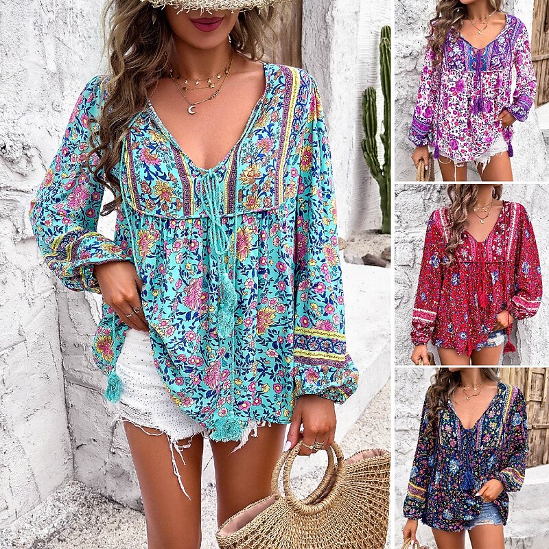 Women's Shirt Blouse Floral Bohemia Ethnic Casual Long Sleeve V Neck Regular Tops Daily Holiday Lace up Print Red Navy Blue Blue Purple Summer Spring
