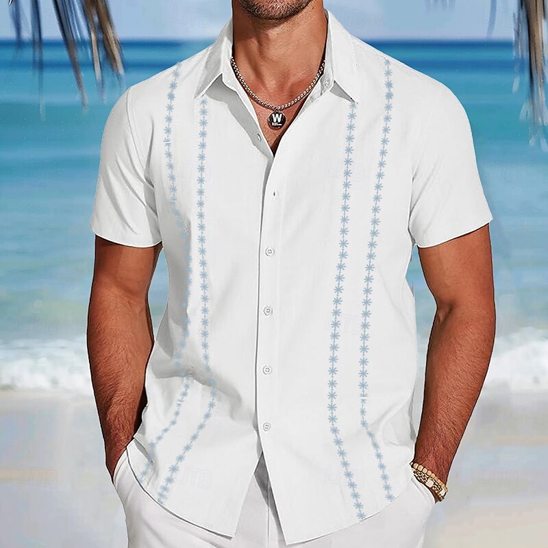 Men's Geometric Shirt Guayabera Shirt Button Up Shirt Short Sleeve Fashion Casual Vacation Dailywear Beach Wear Summer Spring Turndown 3D Print Collared Shirts White Blue Green