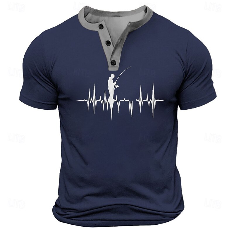 Men's Funny Fishing T Shirt Henley Shirt Short Sleeve Designer Retro Vintage Street Casual Daily Summer Spring Black White Navy Blue Military Green Henley Henley T-Shirt4