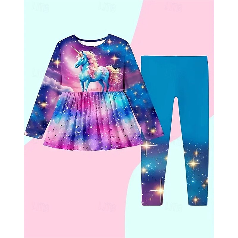 Girls' 3D Unicorn Set T-shirt & Legging Long Sleeve Summer Spring Fashion Daily Basic Kids 4-12 Years Crew Neck Outdoor Vacation Tailored Fit2