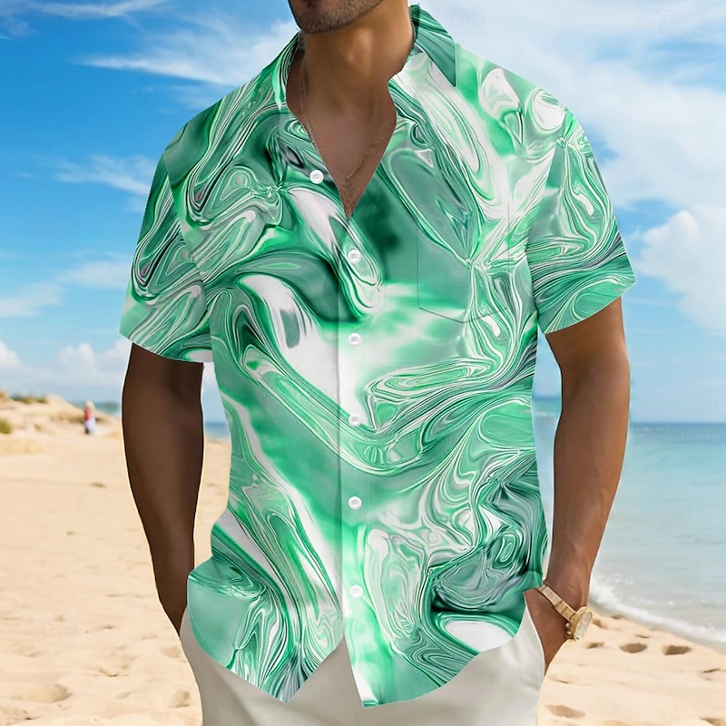 Men's Geometric Marble Abstract Art Shirt Casual Shirt Button Up Shirt Short Sleeve Fashion Casual Vacation Holiday Streetwear Summer Turndown 3D Print Collared Shirts Front One Pocket Pink Blue2