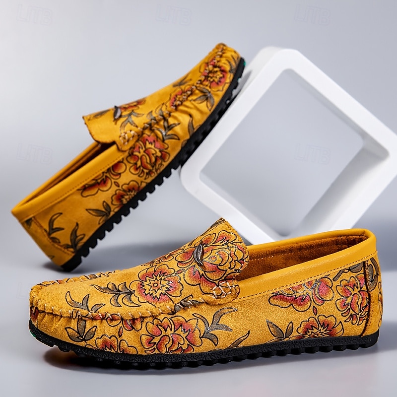 Men's Floral Embroidered Moccasins in Suede Yellow - Stylish Slip-On Shoes Perfect for Casual Outings and Artistic Events4