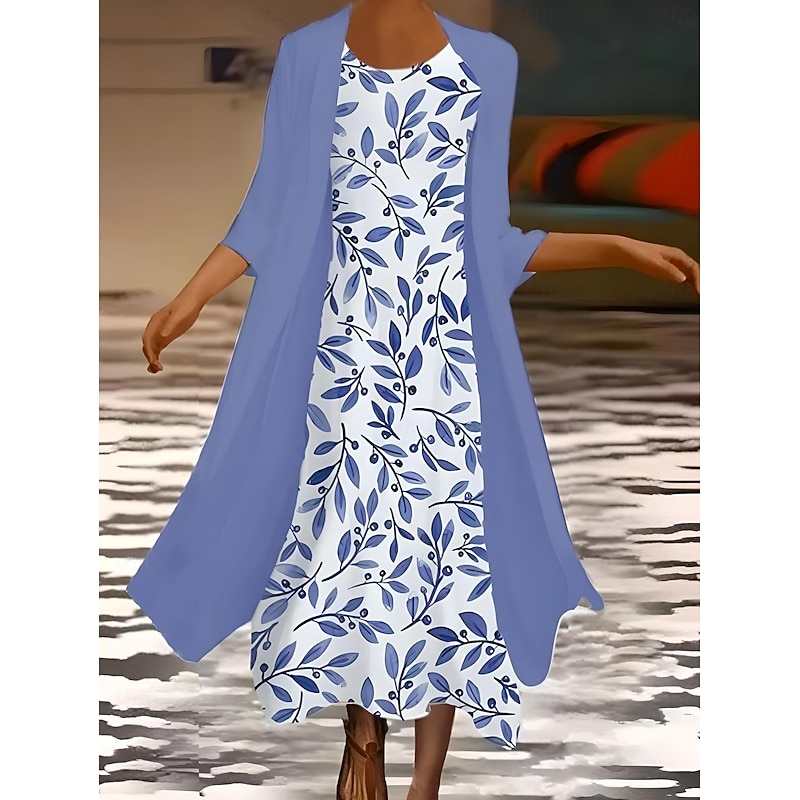 Women's Graduation Dress Maxi Dress Dress Set Summer Dress Vacation Casual Ombre Floral Print 3/4 Length Sleeve Crew Neck Wedding Guest Birthday Blue Sky Blue Light Purple Summer Spring Regular Fit3