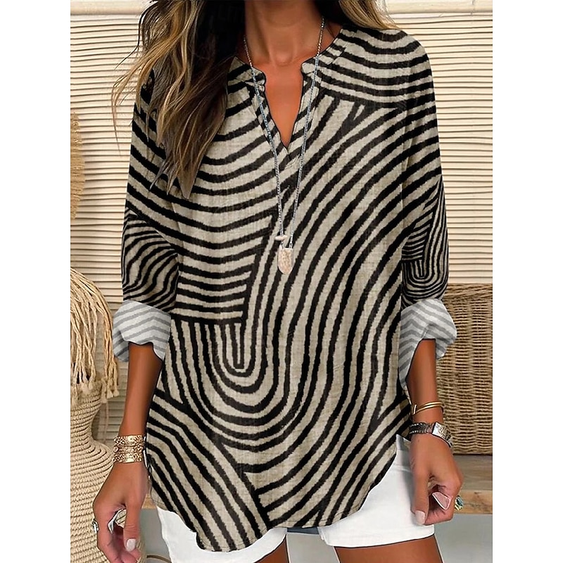 Women's Blouse Tunic V Neck Long Sleeve Boho Casual Graphic Striped Basic Regular Tops Daily Buttons Print Khaki