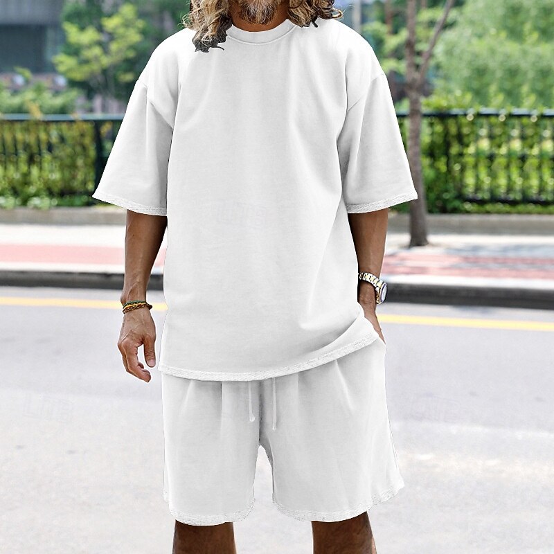 Men's Tracksuit Outfit Set Shorts Crew Neck Outdoor Daily Sports Pocket Drawstring 2 Piece Plain Black White Navy Blue Polyester Activewear Classic Casual Summer2