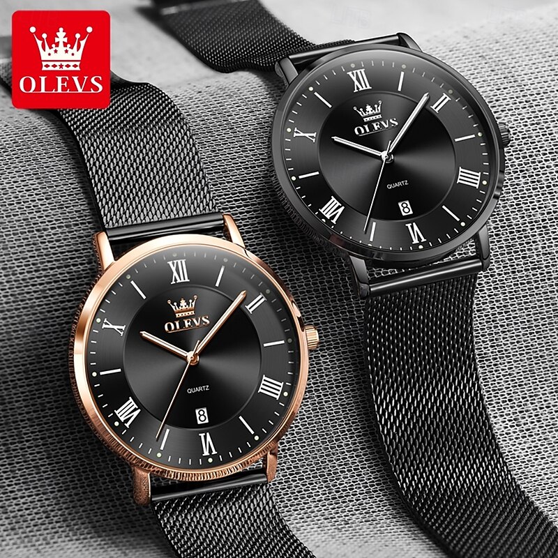 OLEVS 5623 Mens Watch Simple Leisure Roman Scale Date Dial Stainless steel Waterproof Quartz Watch Rose Black