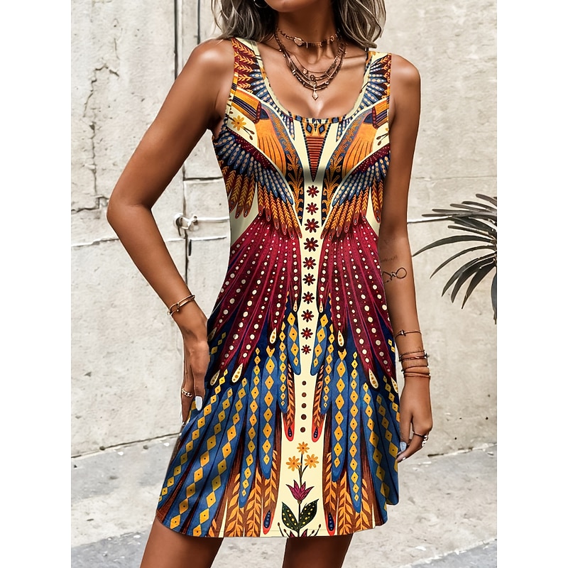 Women's Mini Dress A Line Dress Summer Dress Off The Shoulder Dress Bohemia Vacation Vintage Daily Loose Fit Floral Graphic Tropical Sleeveless U Neck Maroon Pink Blue Summer Spring4