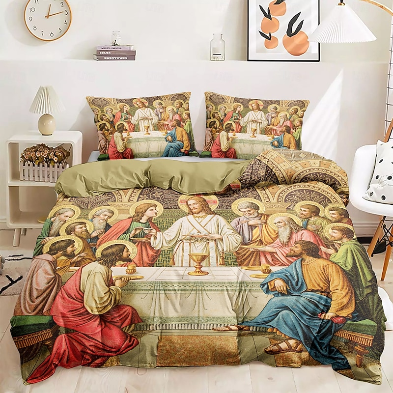 Vintage Jesus Duvet Cover Set 100% Cotton Soft and Breathable Bedding Featuring Prints Lightweight and Durable Quilt Cover Comfortable for All Seasons Easy to Care4