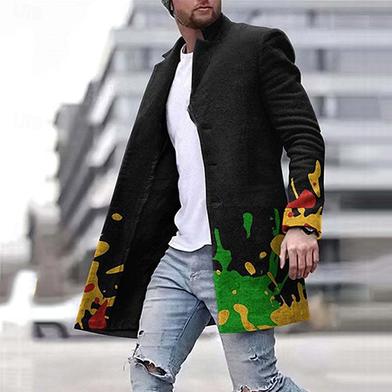 Men's Winter Coat Overcoat Coat Daily Wear Vacation With Pockets Print Front Pocket Fall & Winter Graphic Gradient Ramp Streetwear Sport Turndown Regular Regular Fit Black Red Brown Green Rainbow4