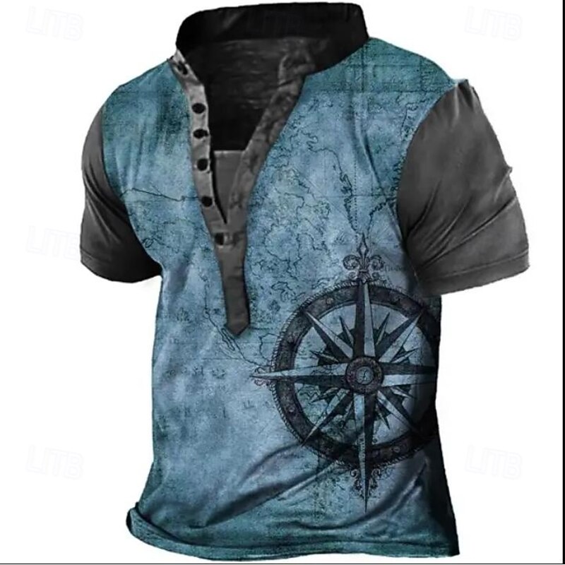Men's Vintage Compass T Shirt Henley Shirt Tee Short Sleeve Designer Basic Classic Outdoor Daily Sports Summer Blue Khaki Henley Henley T-Shirt2
