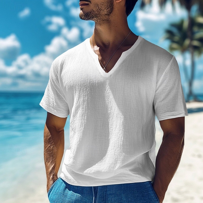 Men's Cotton Linen T Shirt Tee Top Short Sleeves V Neck Summer Plain Fashion Designer Basic Classic Vacation Casual Daily Black White Yellow Top Tee for Men