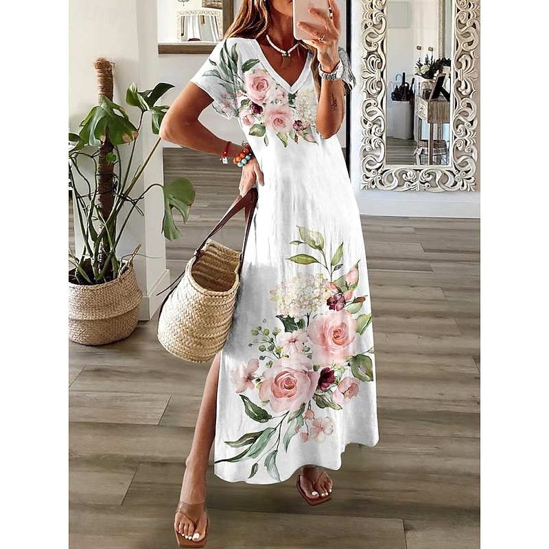 Women's Maxi Dress T Shirt Dress Tee Dress Sundress Shift Dress Summer Dress Bohemia Party Holiday Beach Regular Fit Floral Vintage Short Sleeve Crew Neck White Summer Spring