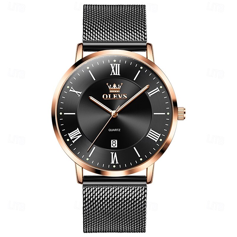 OLEVS 5623 Mens Watch Simple Leisure Roman Scale Date Dial Stainless steel Waterproof Quartz Watch Rose Black3