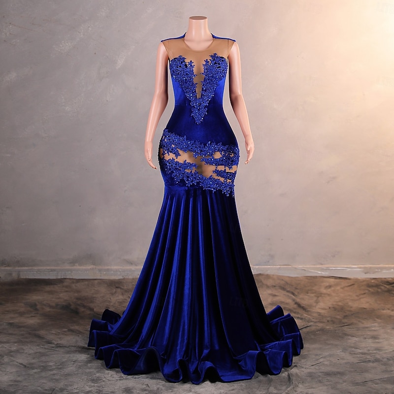 Mermaid / Trumpet Evening Gown Elegant Dress Formal Prom Court Train Short Sleeve Crew Neck Sequined with Pearls Appliques