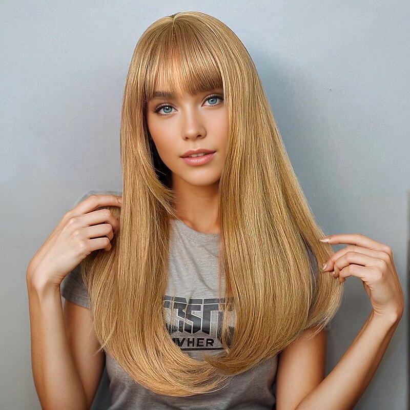 Synthetic Wig Bouncy Curl kinky Straight Layered Haircut With Bangs Machine Made Wig 24 inch A1 A2 Synthetic Hair Women's Classic Comfortable Color Gradient Ombre Brown4