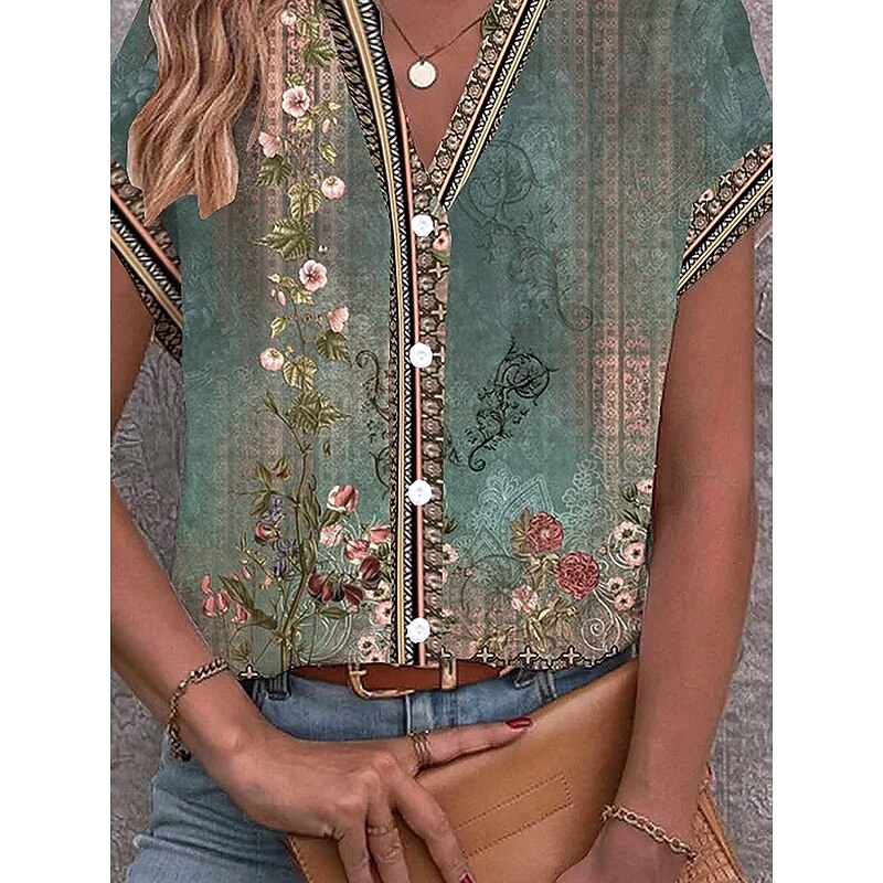 Women's Blouse V Neck Button Down Blouse Floral Graphic Vintage Stylish Ethnic Short Sleeve Notched Neck Regular Tops Daily Buttons Print Sage Green Summer Spring3