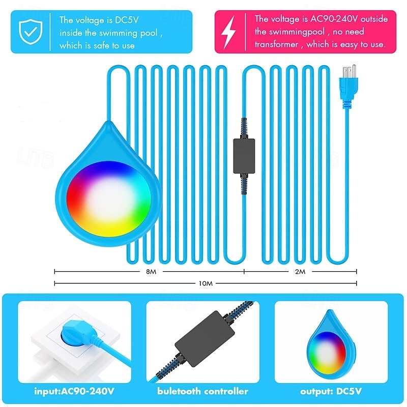 LED Pool Lights with Cord and APP Control Smart Magnetic Lamp IP68 Waterproof Color Changing for Inground Aboveground Pools4