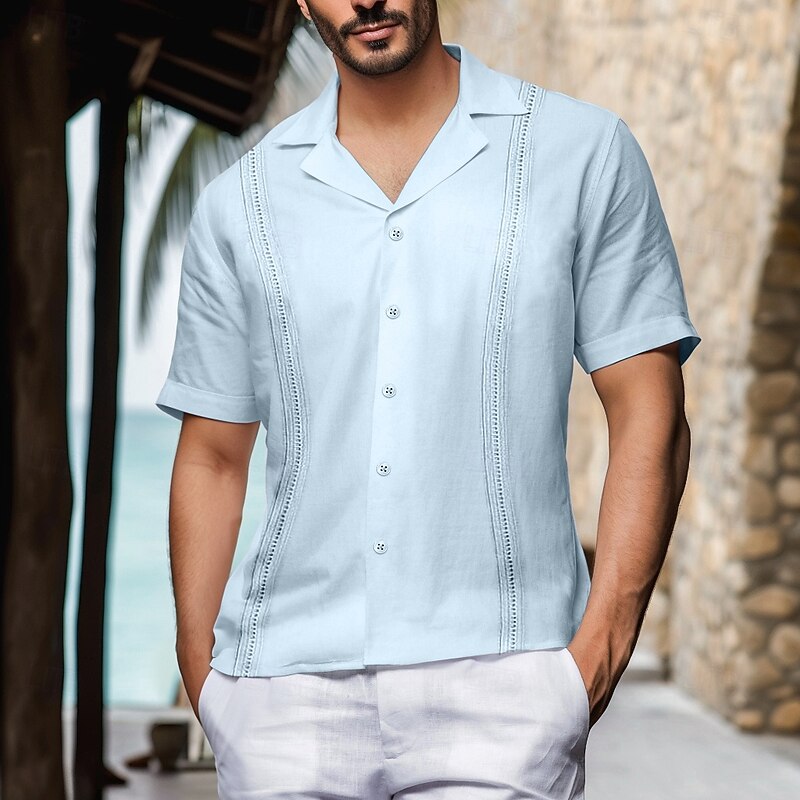 Men's Shirt Guayabera Shirt Summer Shirt Beach Shirt Plain Vacation Casual Black White Gray Light Blue Short Sleeve Collar Summer Spring Clothing Apparel3