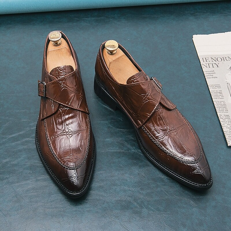 Men's Formal Monk Strap Shoes in Glossy Crocodile Pattern Faux Leather, Sleek Design with Buckle Closure for Business and Formal Events4