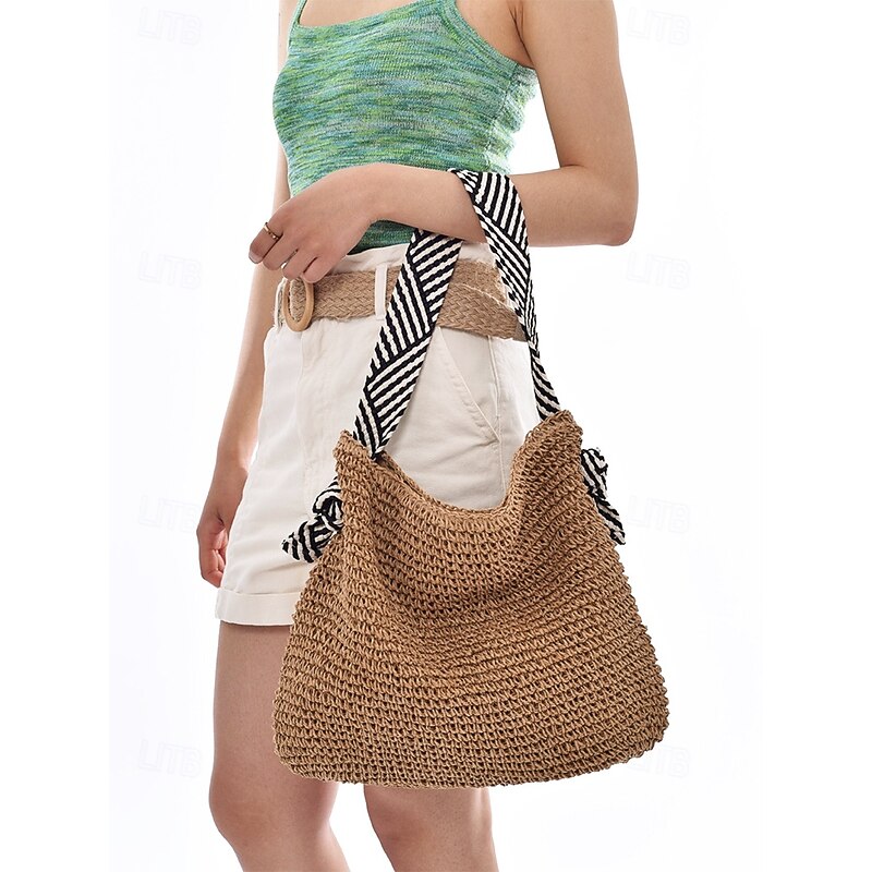 Women's Woven Straw Shoulder Bag – Boho Chic Beach Tote with Zebra Print Straps, Lightweight Summer Handbag for Travel, Vacation & Casual Outings2