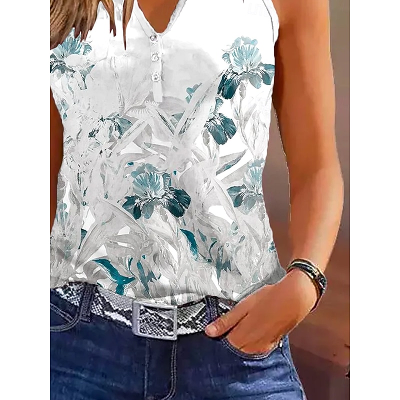 Women's Camisole Tank Top Ombre Floral Casual Sleeveless Notched Neck Regular Tops Daily Buttons Print Light Blue Summer3