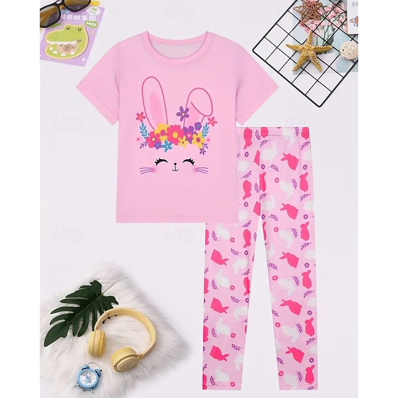 Easter Girls' 3D Graphic Rabbit Pajama Sets Tee & Pants Pajama Sets Short Sleeve 3D Print Summer Spring Active Basic Kids 4 years+ Crew Neck Home Daily Regular Fit