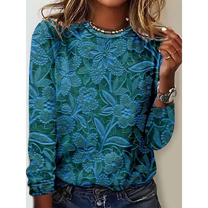 Women's T Shirt Floral Fashion Modern Long Sleeve Crew Neck Regular Tops Daily Print Black Blue Gray Summer3