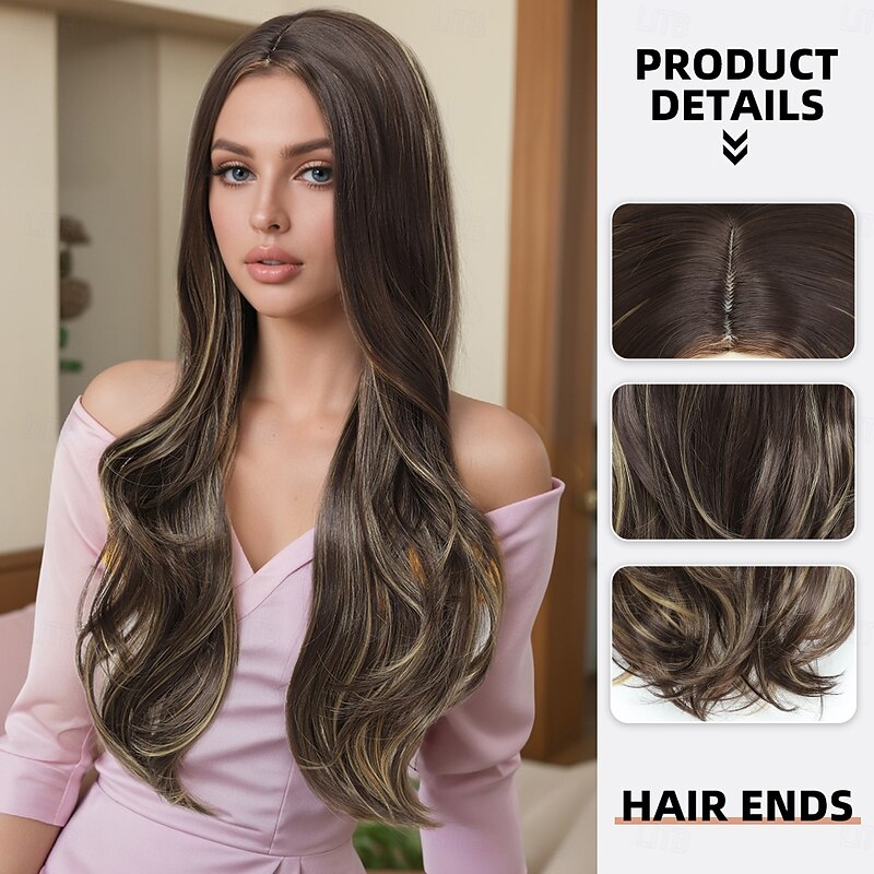 Synthetic Wig Wavy Deep Wave Layered Haircut With Bangs Machine Made Wig 28 inch A1 Synthetic Hair Women's Middle Part Party Color Gradient Multi-color2