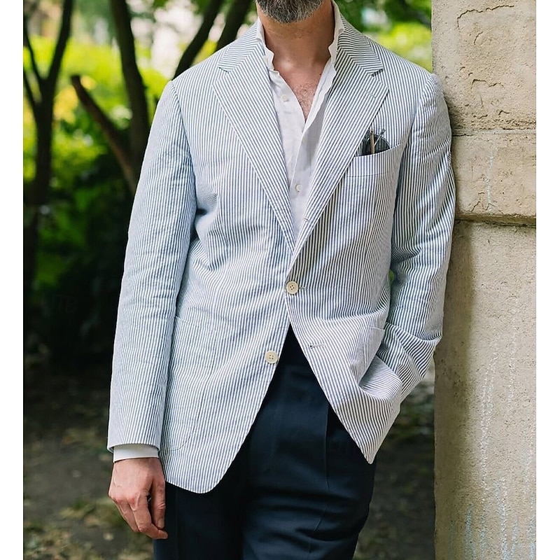 Men's Blazer Jacket Sport Coat Notch Collar Fashion Striped Blazer Sky Blue Standard Fit