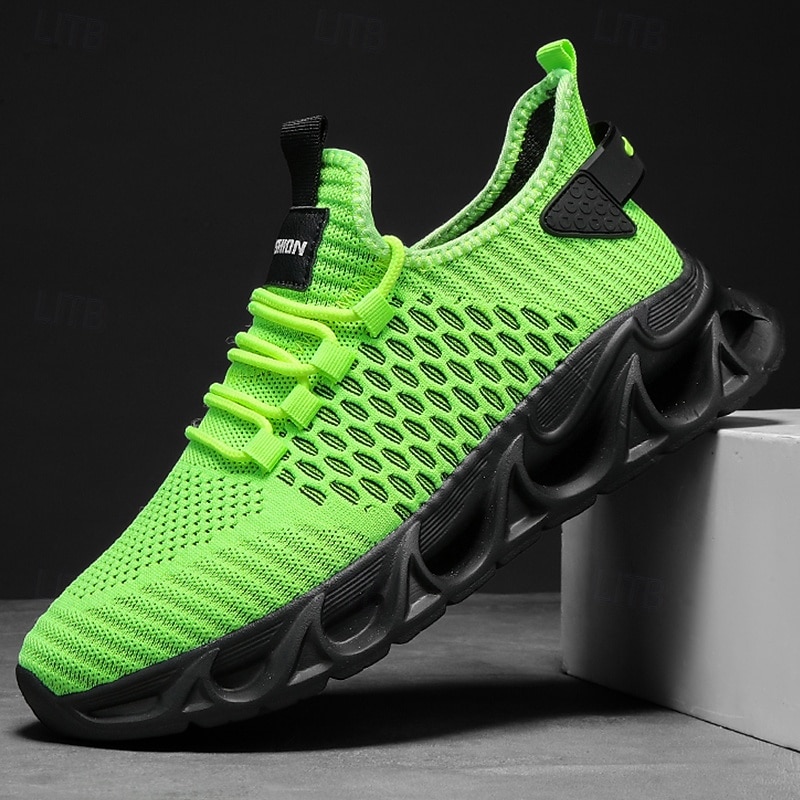 Men's Neon Green Knit Sneakers, Ultra-Light Comfort with Bold Design, Casual Sporty Footwear
