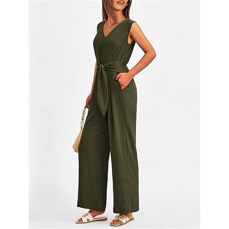 Women's Jumpsuit Active Solid Color Sleeveless V Neck High Waist Vacation Daily Linen Like Regular Fit Black Wine Army Green Summer3