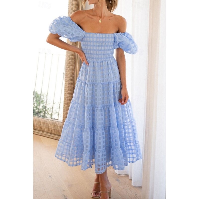 Women's Midi Dress Graduation Dress Fashion Modern Lantern Sleeve Vacation Graduation Weekend Regular Fit Plain Short Sleeve Off Shoulder Black White Yellow Pink Summer4