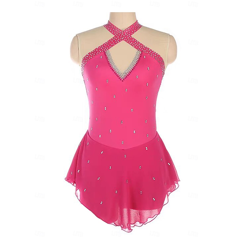 Figure Skating Dress Women's Girls' Ice Skating Dress Rose Red Patchwork Open Back Mesh Spandex Stretchy Training Practice Professional Skating Wear Thermal Warm Crystal / Rhinestone Long Sleeve Ice
