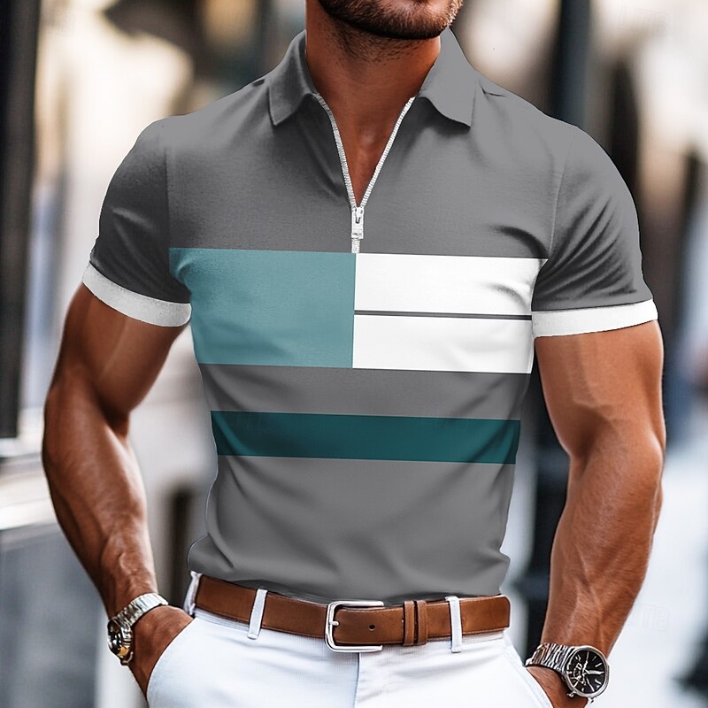 Men's Striped Rugby Polo Short Sleeve Polo Shirts Collared Shirts Business Casual Business Athleisure Wear to work Daily Wear 3D Print Summer Black Blue Gray2