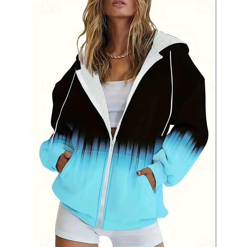 Women's Hooded Sweatshirt Jacket Long Sleeve Zip Up Hoodie With Pocket Lightweight Casual Oversized Geometric Vintage Sports Streetwear Drawstring Front Pocket Black Red Blue Fuchsia Fall