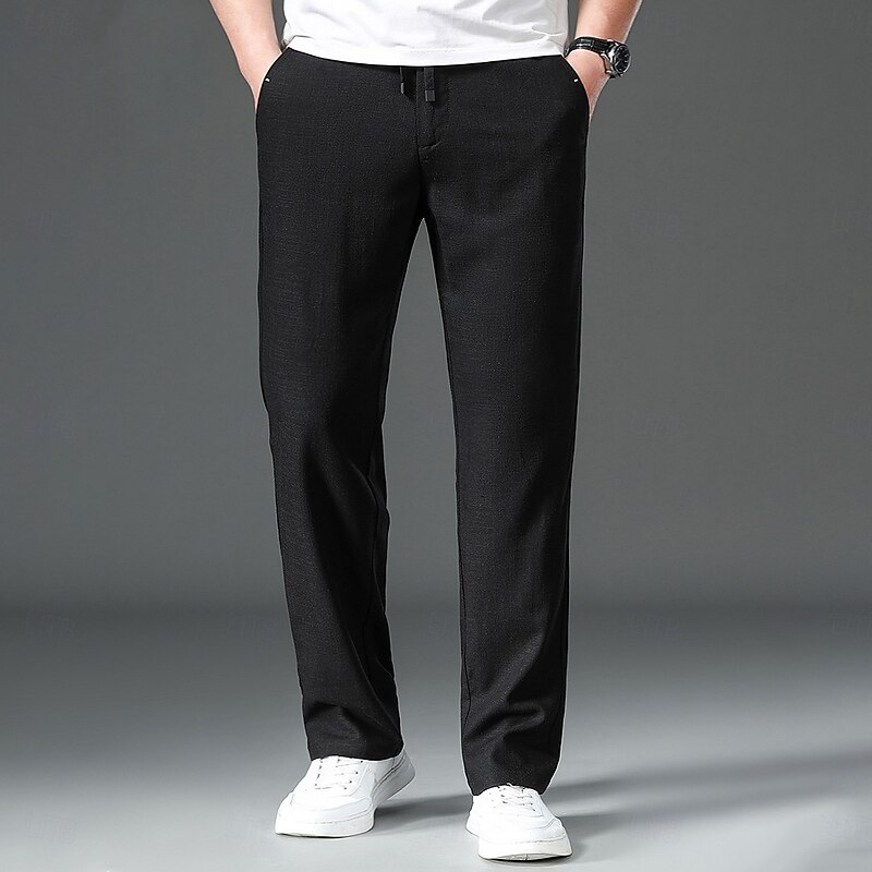 Men's Easy Care Cotton Linen Athletic Pants Active Pants Trousers Drawstring Elastic Drawstring Waist Solid Color Wearable Full Length Formal Wedding Outdoor Elegant Vacation Light Khaki Black Micro-e4