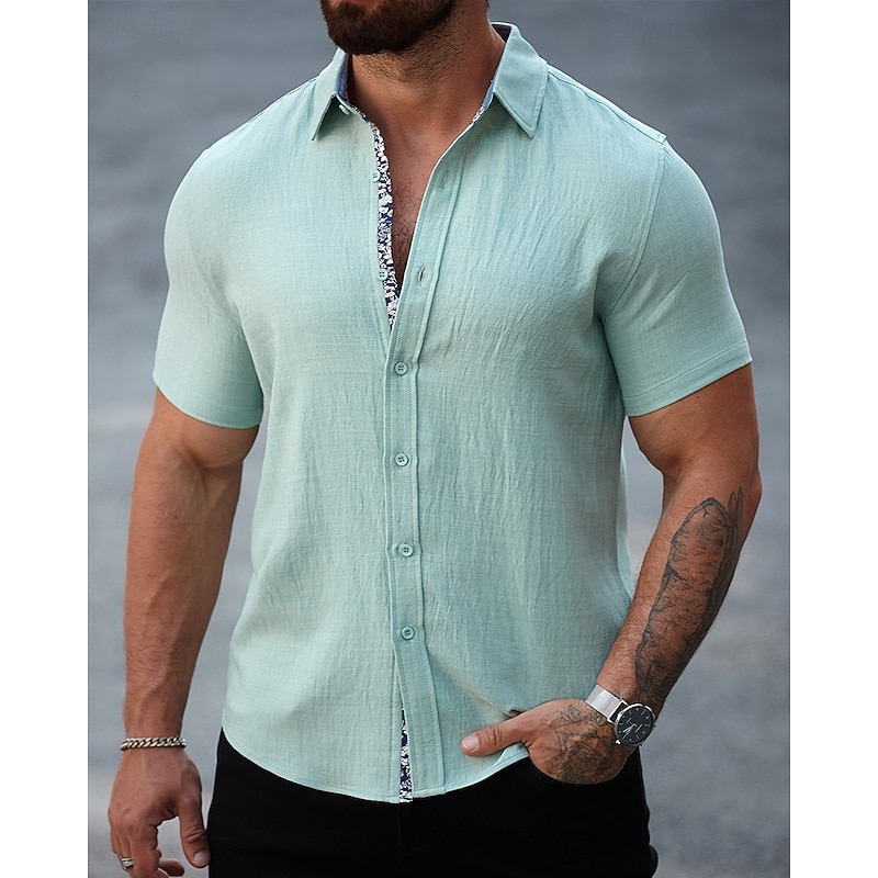 Men's Shirt Summer Shirt Casual Shirt Beach Shirt Button Up Shirt Black White Light Green Blue khaki Short Sleeve Plain Lapel Vacation Hawaiian Clothing Apparel Cotton Blend Fashion Casual Comfortable