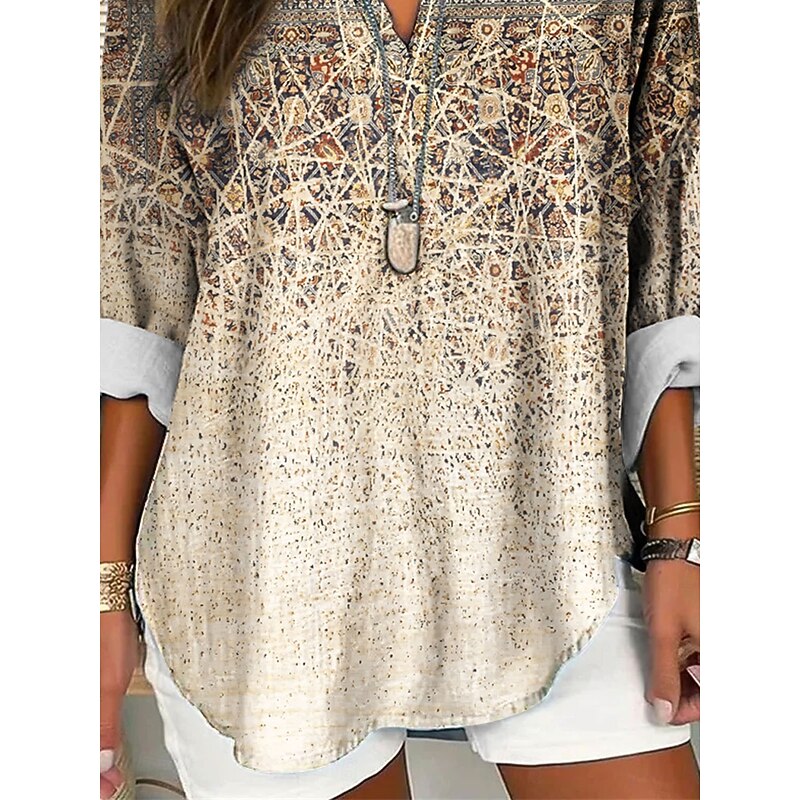 Women's Blouse Tunic V Neck Long Sleeve Boho Casual Tops Graphic Paisley Vintage Tropical Regular Tops Daily Wear Print Blue Khaki3