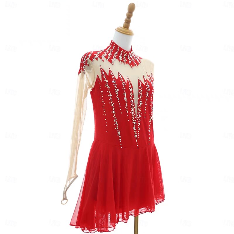 Figure Skating Dress Women's Girls' Ice Skating Dress Black Red Thumbhole Asymmetric Hem Mesh Spandex Stretchy Training Practice Professional Skating Wear Thermal Warm Classic Crystal / Rhinestone3