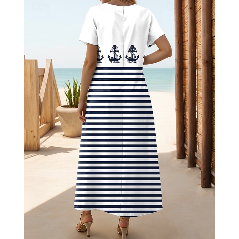 Women's Maxi Dress T Shirt Dress Tee Dress Sundress Shift Dress Summer Dress Vacation Tropical Stylish Vacation Party Holiday Regular Fit Geometric Stripe Short Sleeve Crew Neck White Dark2