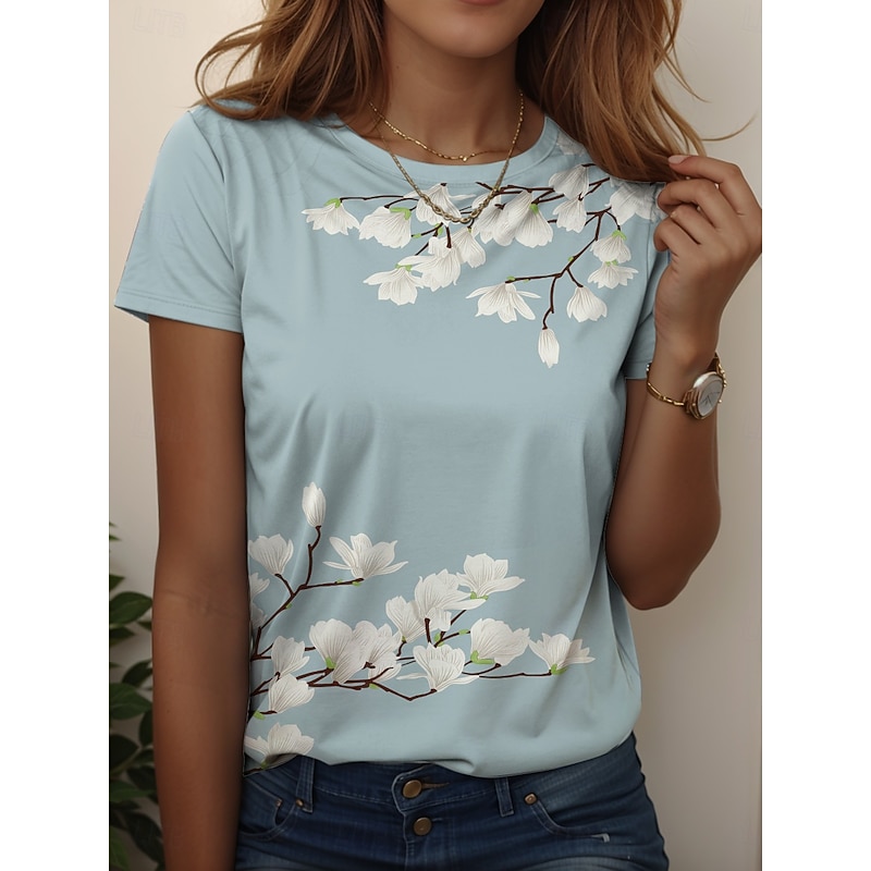 Women's T Shirt Floral Graphic Vintage Stylish Casual Short Sleeve Round Neck Regular Tops Daily Weekend Print Yellow Red Blue Light Blue Summer Spring3