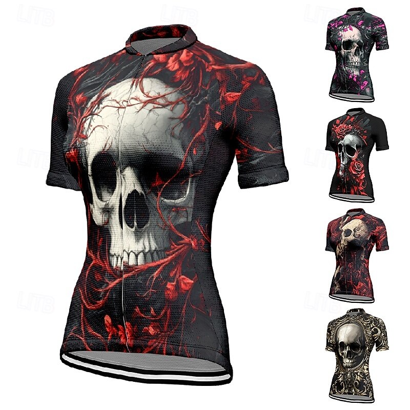 Women's Cycling Jersey Skull Flower Short Sleeve Bike Tee Tshirt Jersey with 3 Rear Pockets Mountain Bike MTB Quick Dry Anatomic Design Wicking Breathable Sports Wine Red Black Red Clothing Apparel