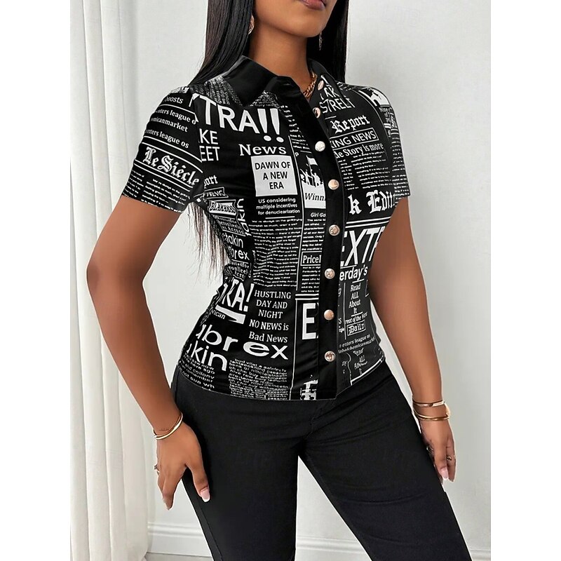 Blouse Women's Black White Pink Newspaper Buckle Printing Daily Elegant V Neck Regular Fit S4