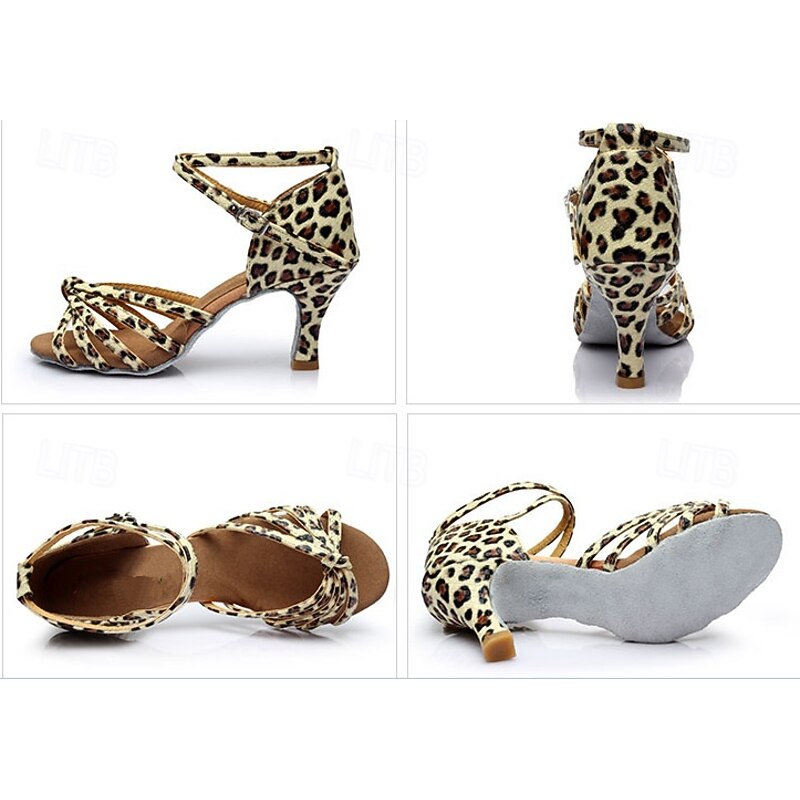 Women's Leopard Print Latin Dance Shoes – Strappy Ballroom Heels with Suede Sole for Salsa & Performance2