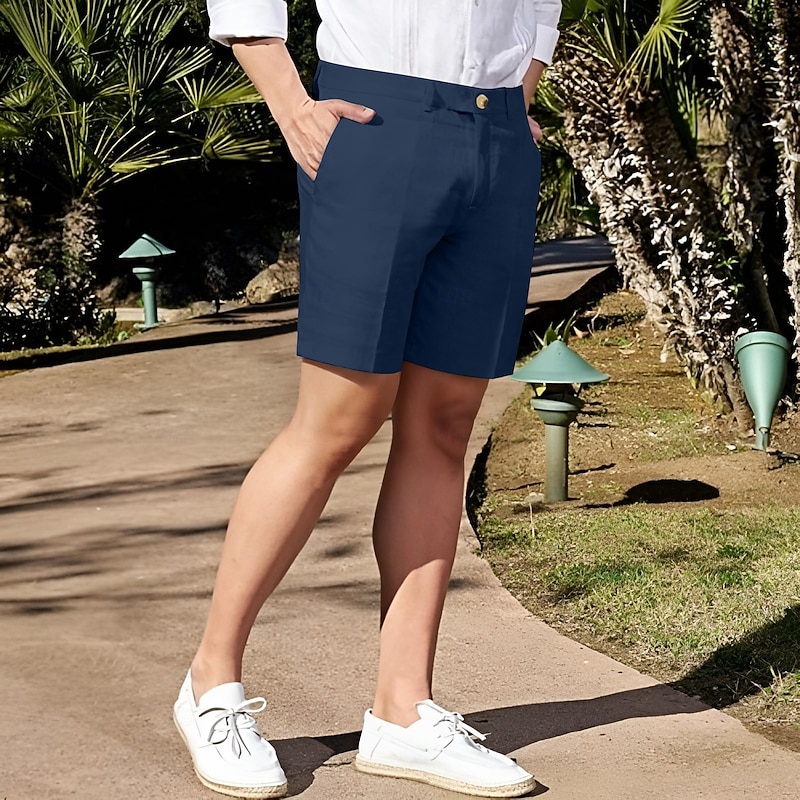 Men's Shorts Linen Shorts Dress Shorts Summer Shorts Beach Shorts Pocket Straight Leg Plain Breathable Soft Knee Length Business Casual Daily Fashion Streetwear White Navy Blue Inelastic2